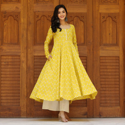 Farida Yellow  Cotton Kurta