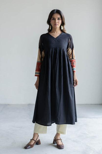 V Neck Flared Kurta - Black