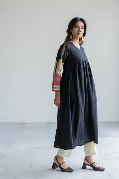 V Neck Flared Kurta - Black