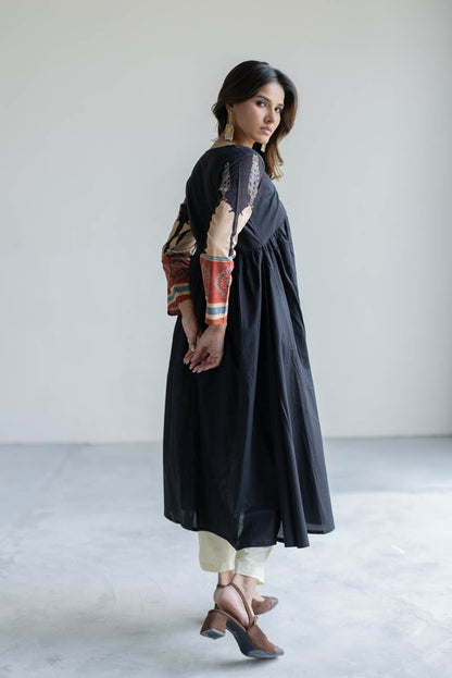 V Neck Flared Kurta - Black
