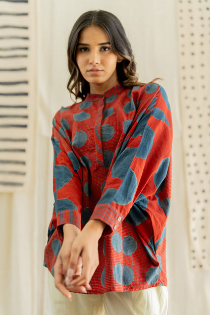 Freesize Anti-fit Top - Red & Indigo Dots & Polkas