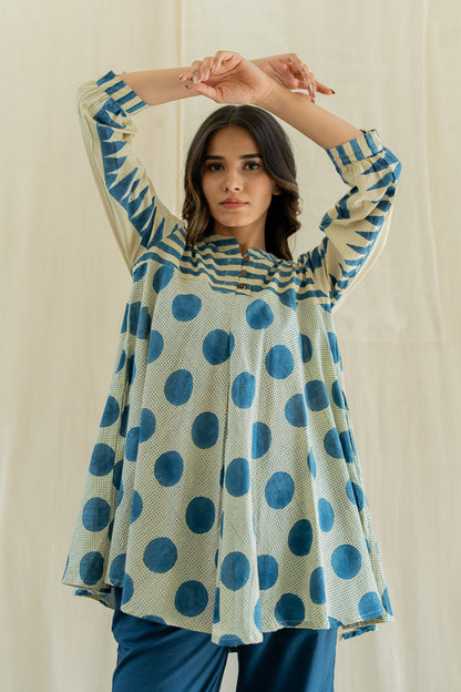 Bias Tunic - Indigo & White Polka